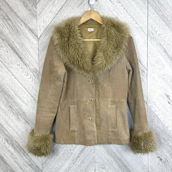 Vintage Y2K 90s Penny Lane Jacket Womens Size Medium Suede Leather Faux Fur Trim - Picture 1 of 9